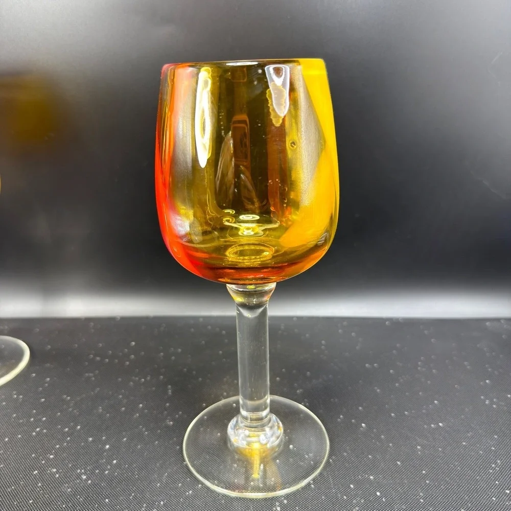 Pier 1 Hand Blown Art Glass Cups Glasses Set of 2 Amber Red Yellow Swirl Stripe